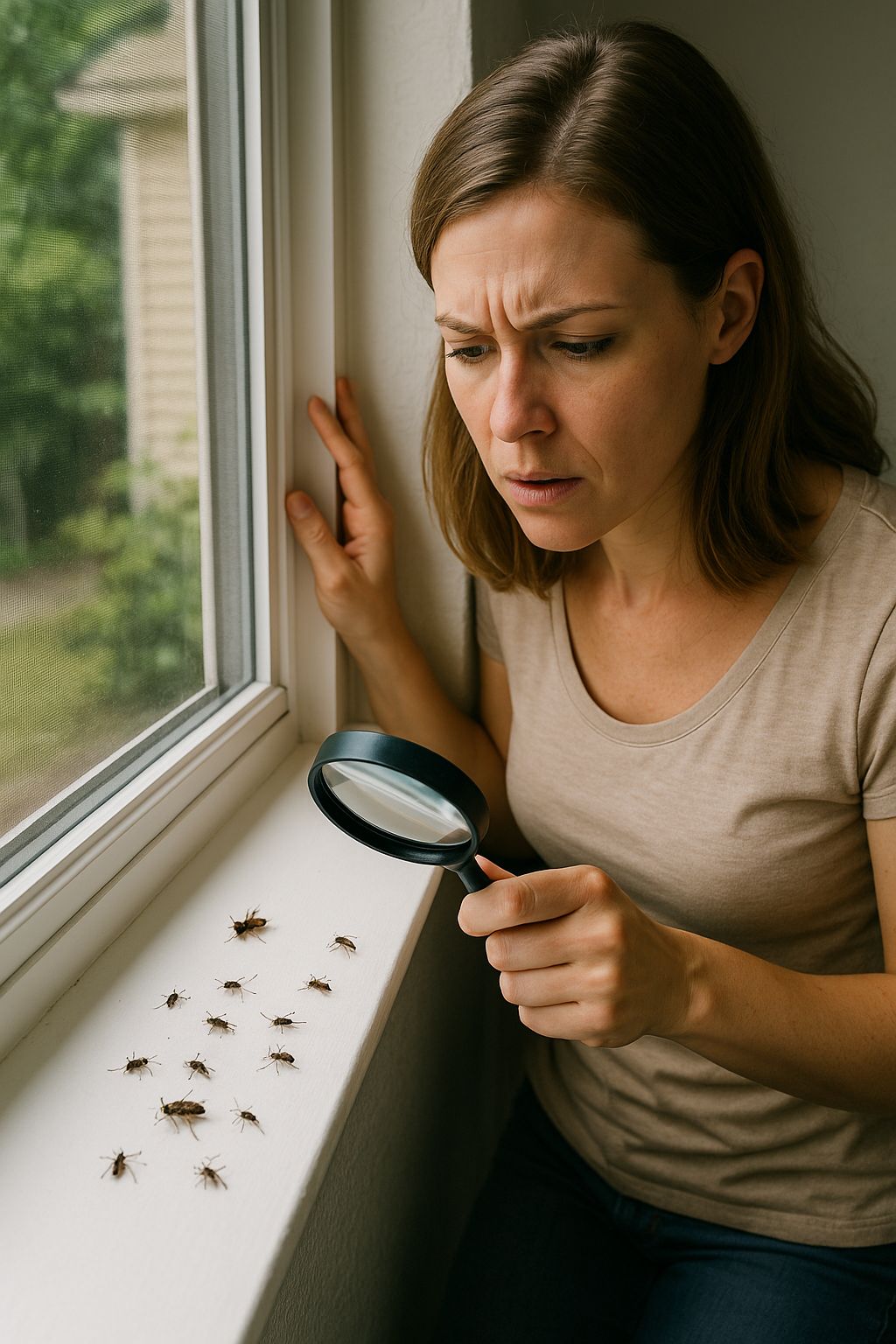 femme qui regarde des fourmis avec une loupe sur le rebord d'une fenêtre