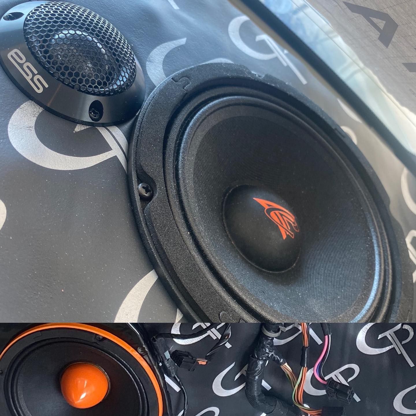 Close-up of car audio speakers, including a tweeter and woofer mounted on a patterned fabric.