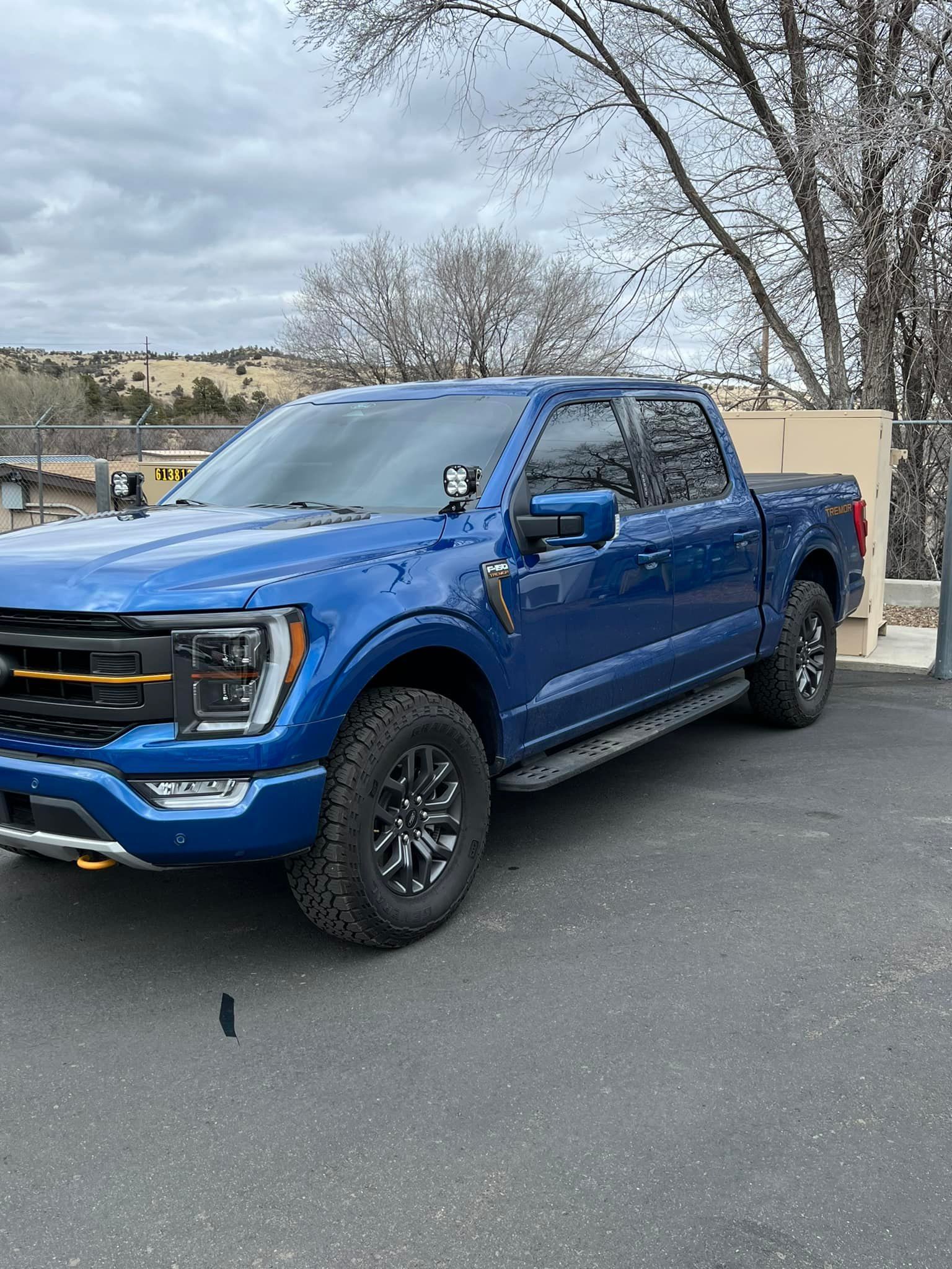 Blue Ford F-150 pickup truck with black wheels and off-road tires parked on pavement. Cloudy sky and buildings in the background.