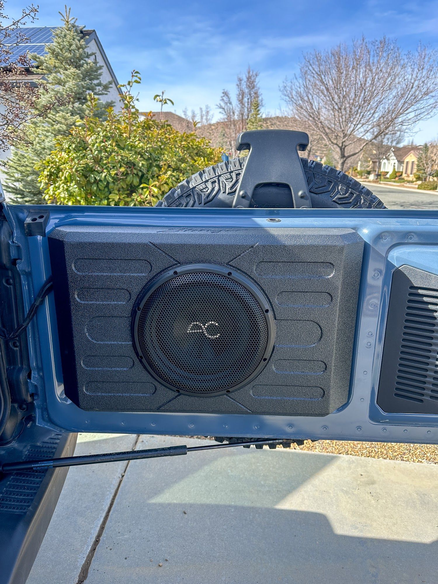 A blue Jeep door with a black subwoofer installed. A spare tire mount and houses can be seen in the background.
