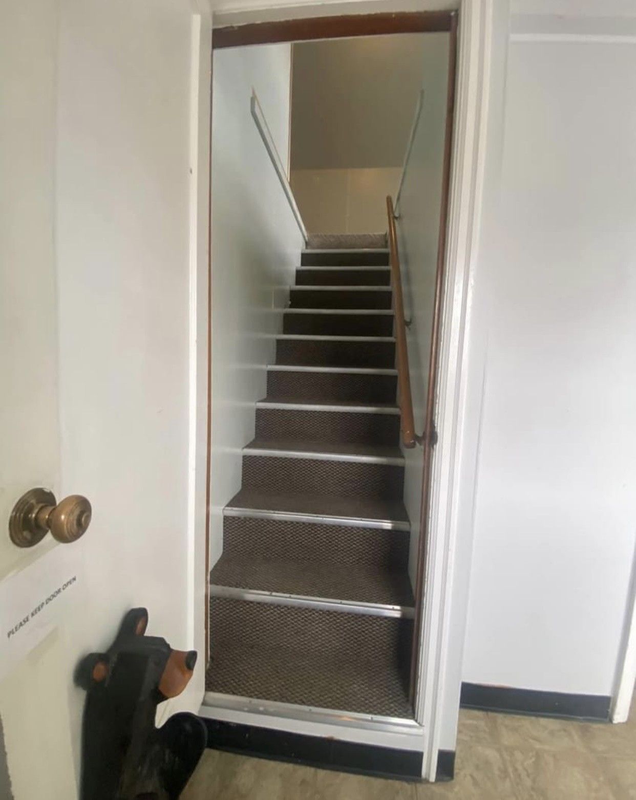 Staircase with carpeted steps inside a doorway. Handrail on the right, doorknob and bear statue on the left.