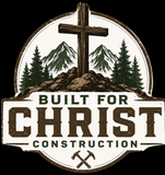 Built for Christ Construction logo with cross, mountains, pine trees, and crossed tools in brown and green.
