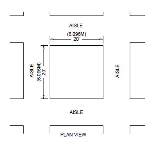 Plan view diagram of aisle layout with a 20-by-20-foot square center and labeled aisles around it