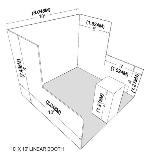 Diagram of a 10' x 10' linear booth with labeled side, back, and counter dimensions.