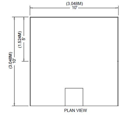 Plan view diagram of a 10-foot by 10-foot room with a centered bottom doorway opening.