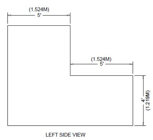 Left side view diagram of an L-shaped profile with 5-inch horizontal sections and a 4-inch vertical drop.