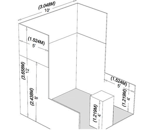 Technical dimensioned drawing of a stepped 3D structure with measurements labeled in feet and meters