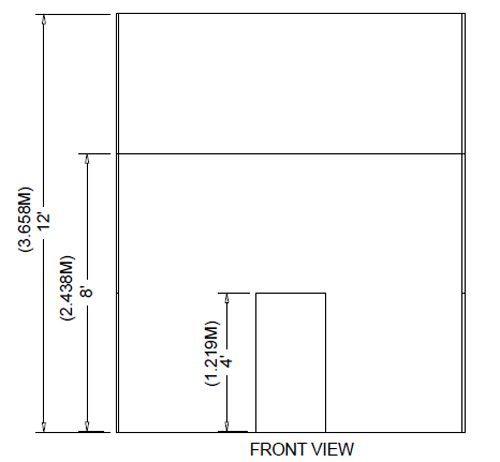 Front view dimensioned drawing of a rectangular panel with a small centered door opening.