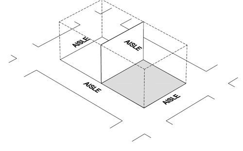 Isometric diagram of a room with multiple labeled walls and a shaded floor section
