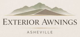 Logo for Exterior Awnings Asheville with a mountain illustration above the text on a beige background.