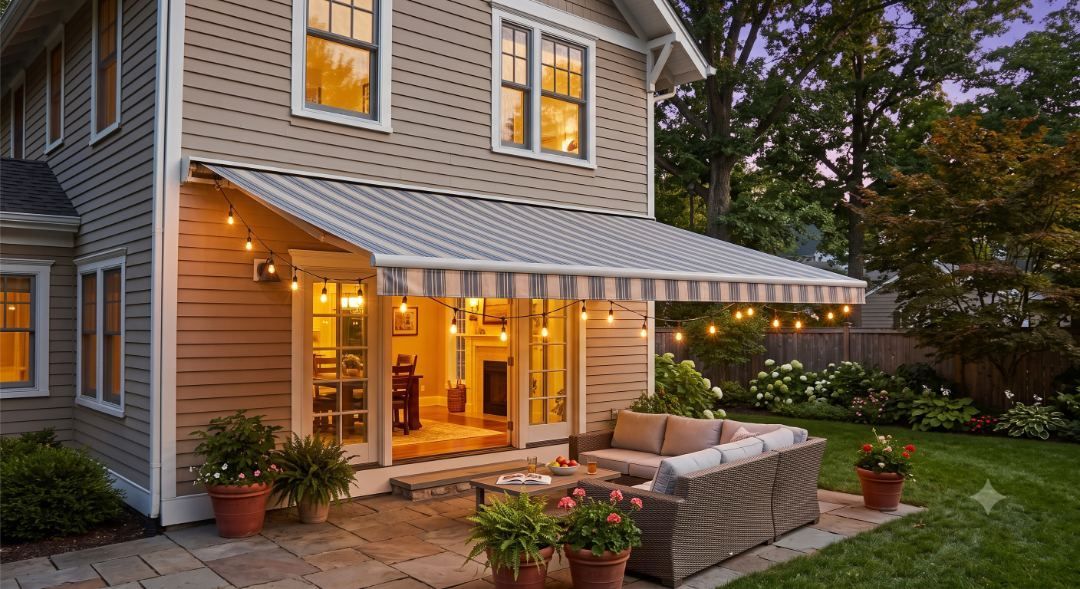 Motorized awning over a lit patio at dusk, the kind Exterior Awnings Asheville installs near Lake Julian in Arden, NC