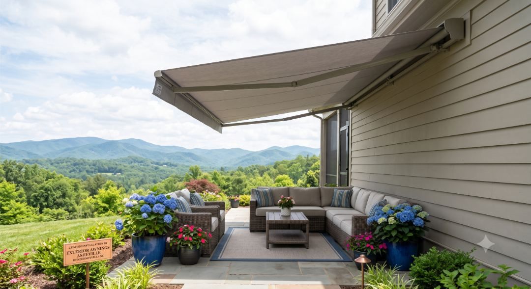 Motorized awning shading outdoor furniture on a ridge-lot deck, as Exterior Awnings Asheville installs in Laurel Park near Hendersonville, NC
