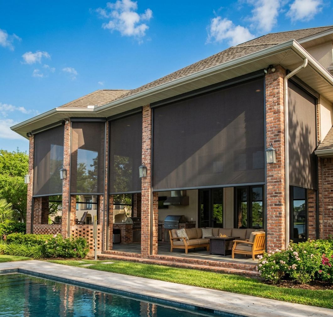 Motorized patio screens lowered on a brick covered patio, the setup Exterior Awnings Asheville installs for Biltmore Forest, NC homes