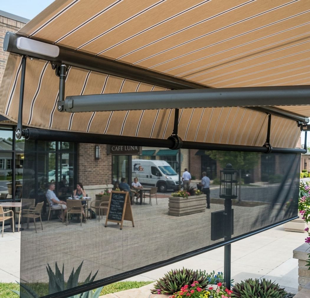 Close-up of a motorized retractable awning with a drop screen, the pairing Exterior Awnings Asheville offers in Grove Park, Asheville, NC