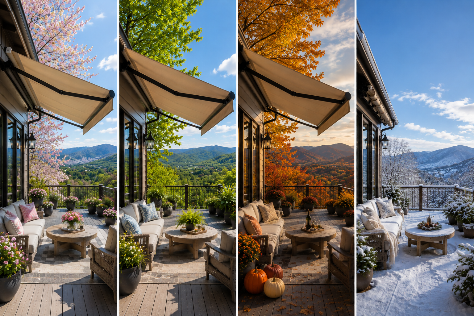 Four seasons on a mountain terrace, from spring blossoms to snowy winter, with outdoor seating, retractable awning, and valley views