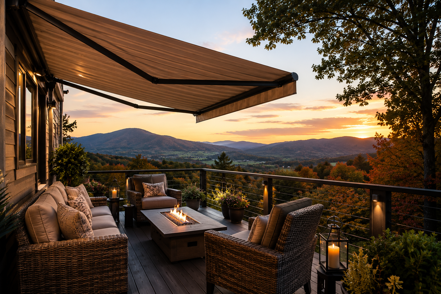 Covered patio with retractable awning, with wicker seating, lit candles, and mountain sunset view