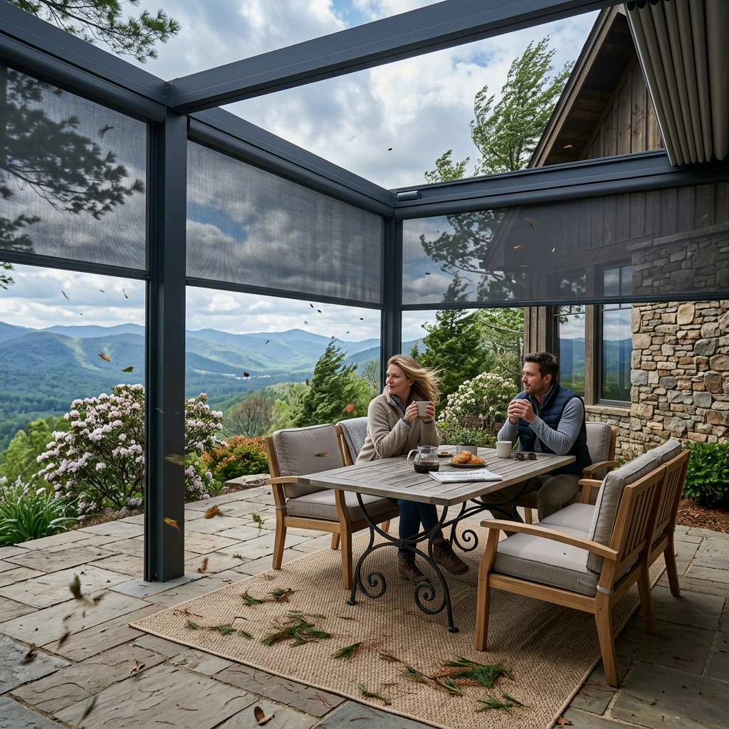 Two people seated at a patio table under a pergola, overlooking mountains and a windy sky.