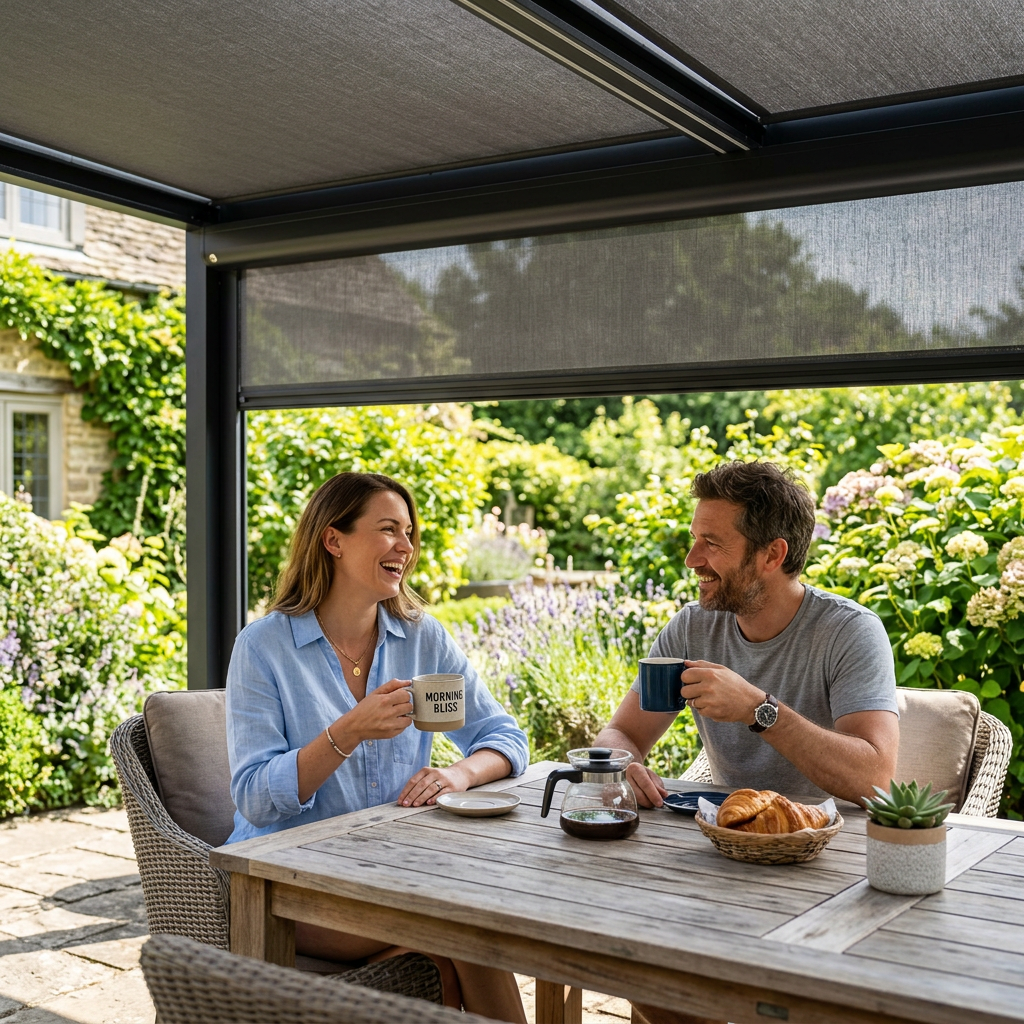 Two people sharing coffee and pastries on a covered patio with motorized patio shades.