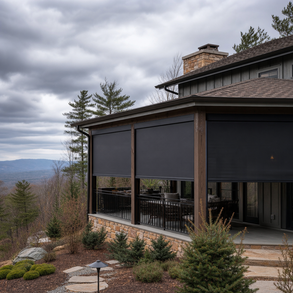 Mountain lodge terrace with dark patio shade screens, stone exterior, and cloudy valley views
