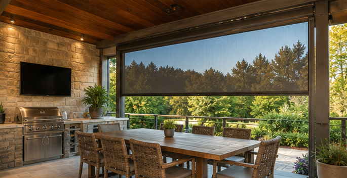 Wood-paneled patio with dining table, wicker chairs, grill, TV, and forest view through retractable patio shade.