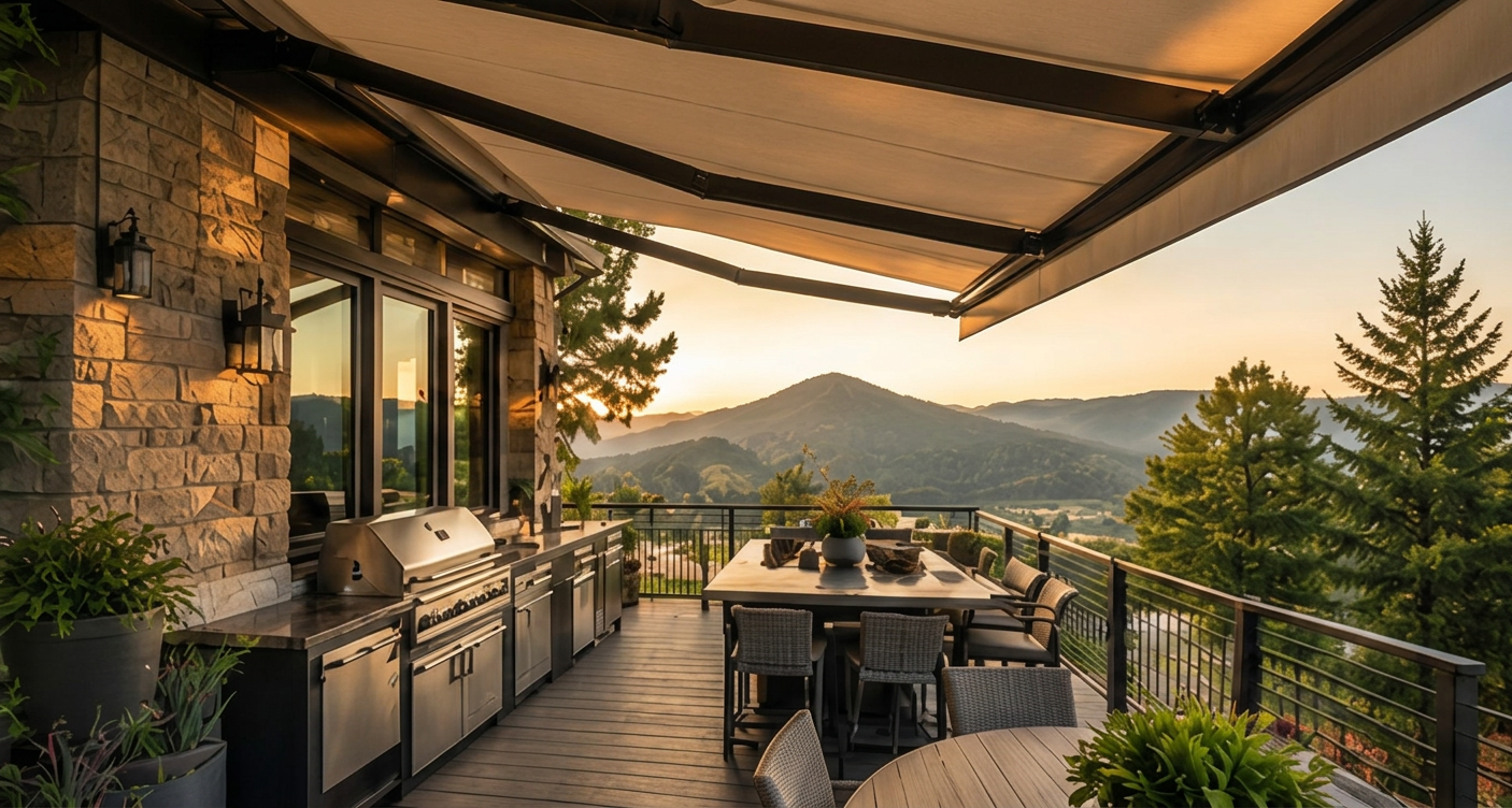 Awning-covered mountain-view patio with outdoor dining table, grill, and stone fireplace at sunset