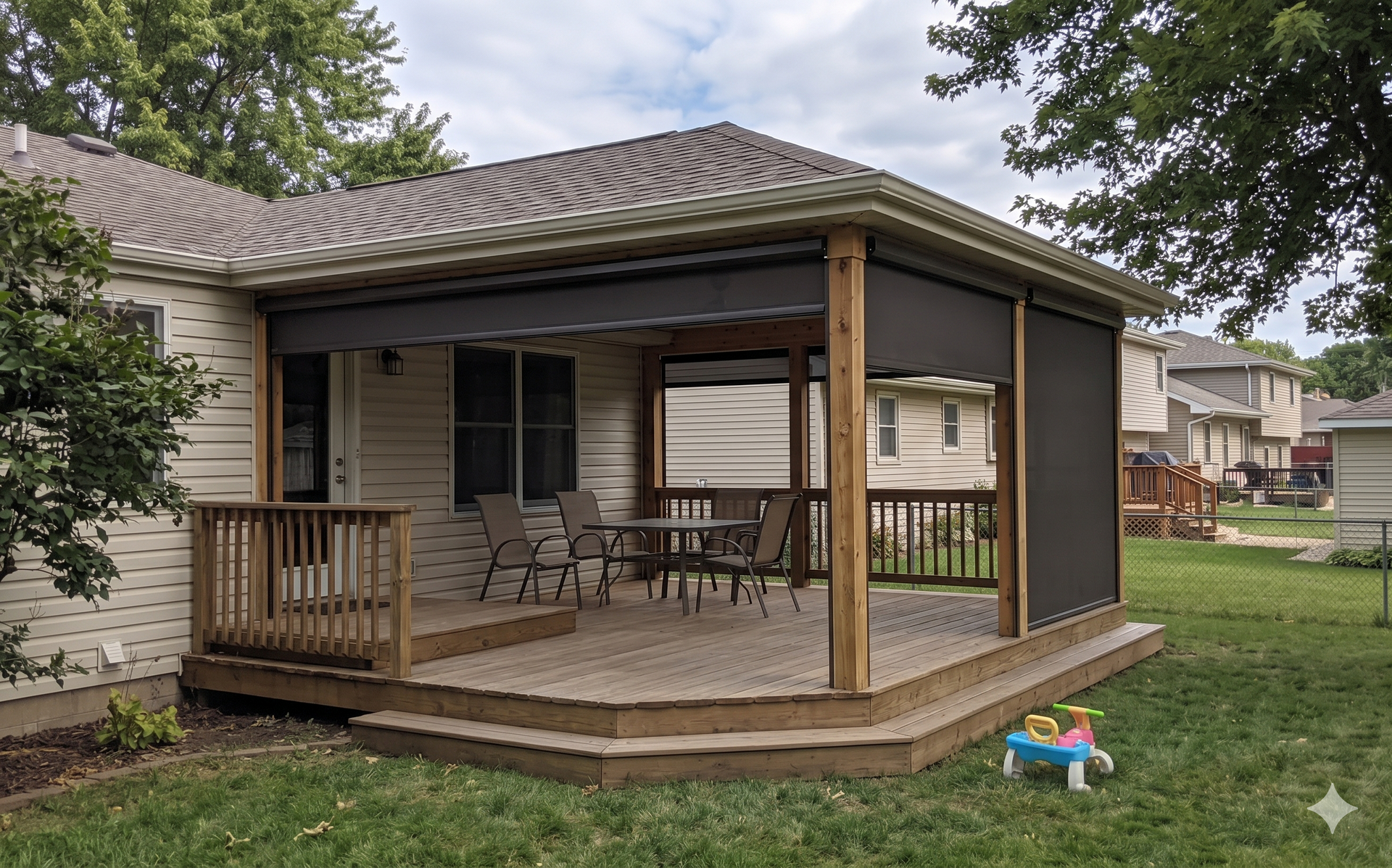 Covered backyard patio with external patio shades, wooden railing, outdoor table and chairs, next to a house and lawn.