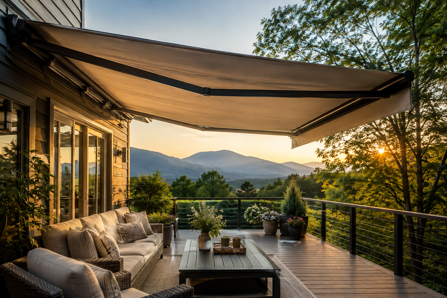 Cozy outdoor patio with sofa, dining table, and canopy overlooking mountains at sunset