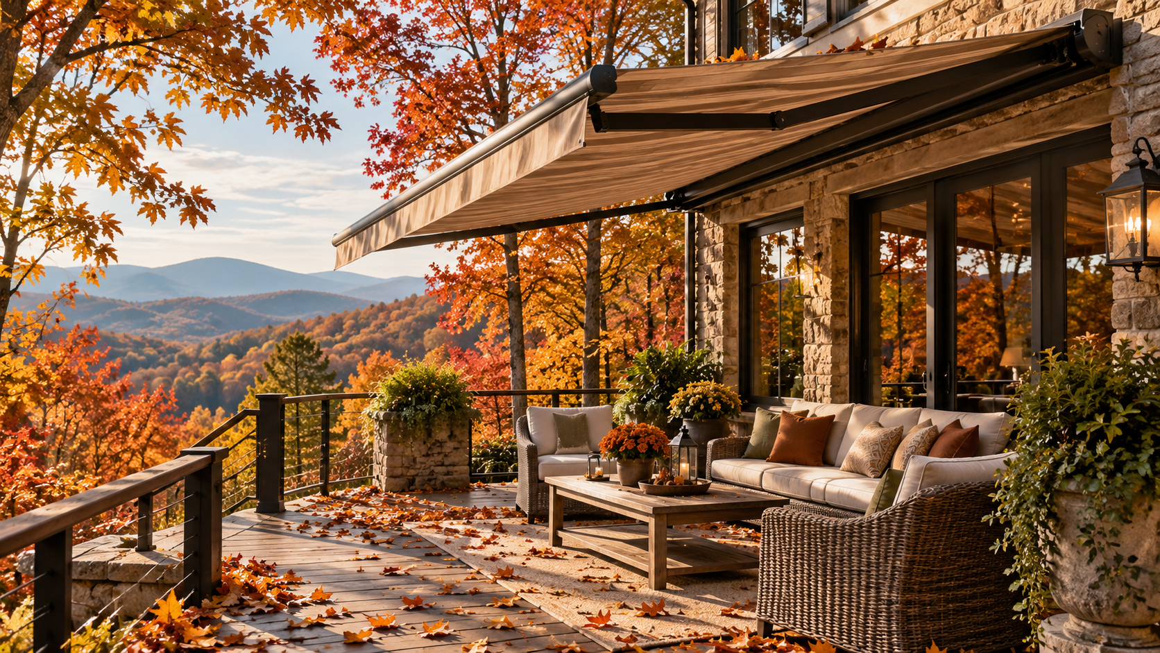 Cozy autumn cabin porch with wicker seating, falling leaves, and mountain views at sunset