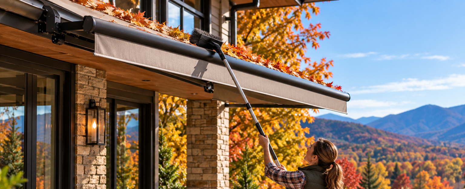 Person on a patio providing maintenance and cleaning to an outdoor awning. 