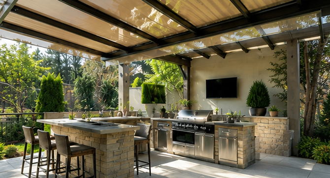 Outdoor covered patio with awning, stone kitchen, grill, dining table, and green garden views