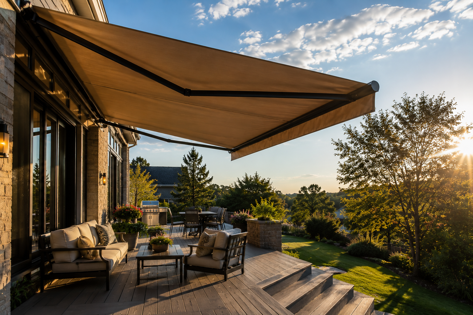 Patio with wicker seating under a tan awning at sunset, overlooking a landscaped backyard.