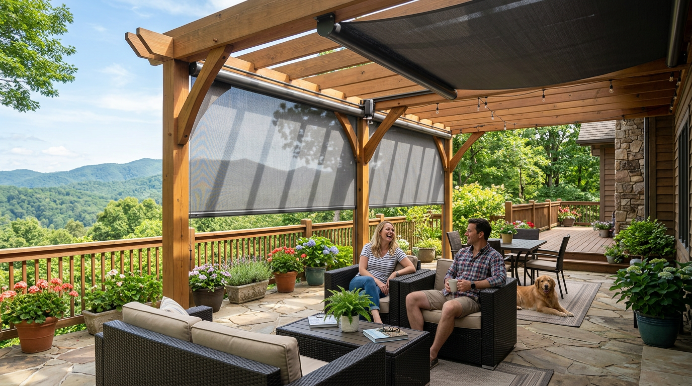 Two people relaxing on a covered patio with mountain views and outdoor furniture