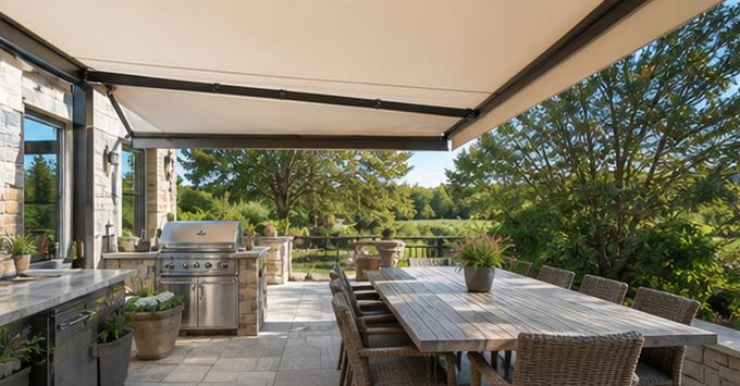 Outdoor patio with dining table, wicker chairs, and built-in grill under a canopy, overlooking trees.