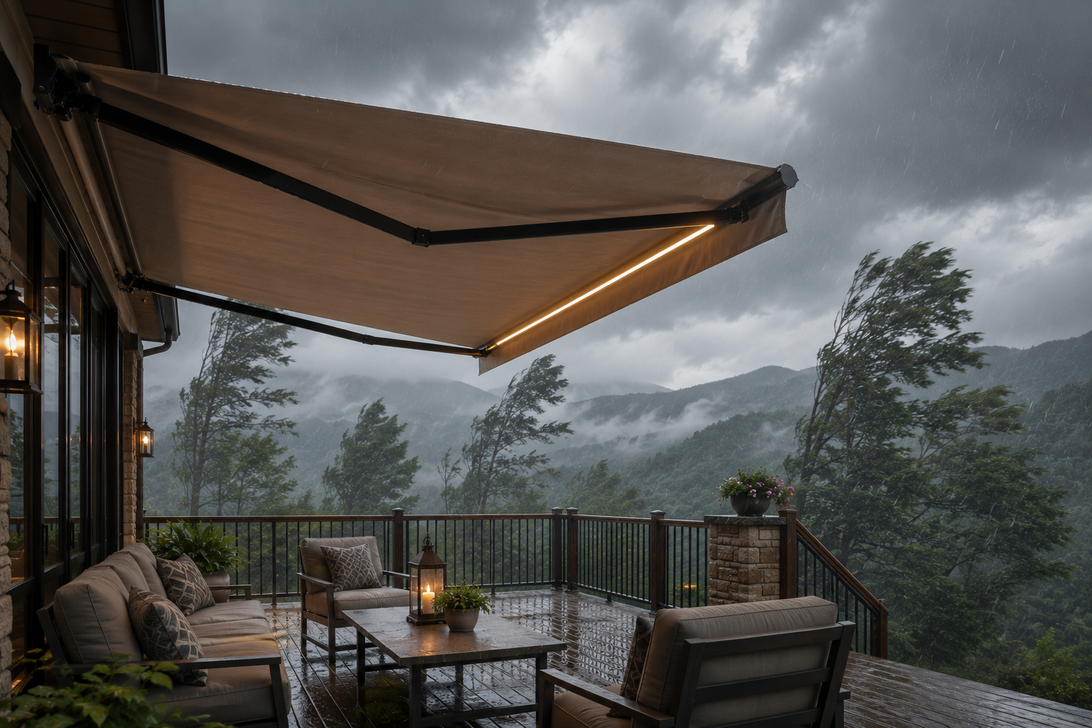 Covered patio, retracable awning, with wicker chairs and a table overlooking misty mountains under a cloudy sky