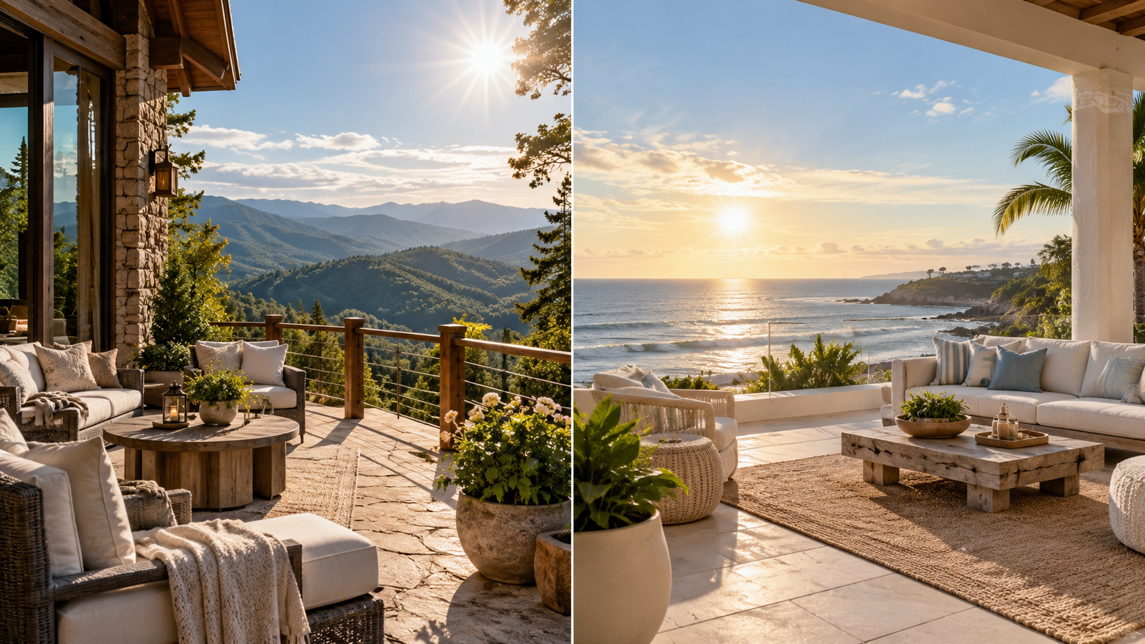 Luxury seaside patio at sunset with stone seating, potted plants, and ocean and mountain views