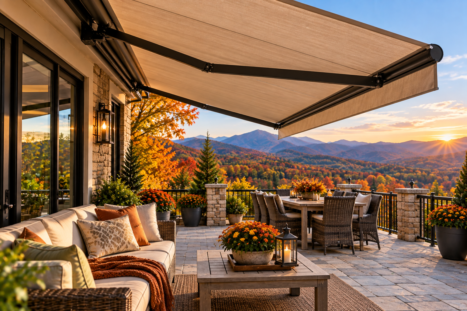 Cozy patio with exterior awning, seating and potted flowers overlooking mountains at sunset