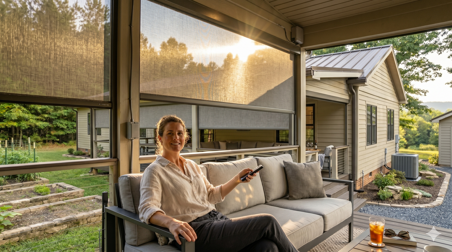 Woman relaxing on a covered patio with outdoor seating, overlooking a landscaped yard and house at sunset