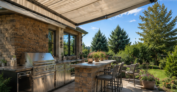 Outdoor stone patio kitchen with grill, bar seating, and garden view under a shaded pergola