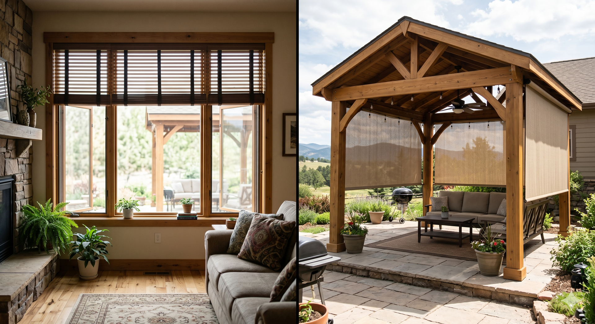 Cozy living room and wooden patio gazebo with outdoor seating, viewed side by side