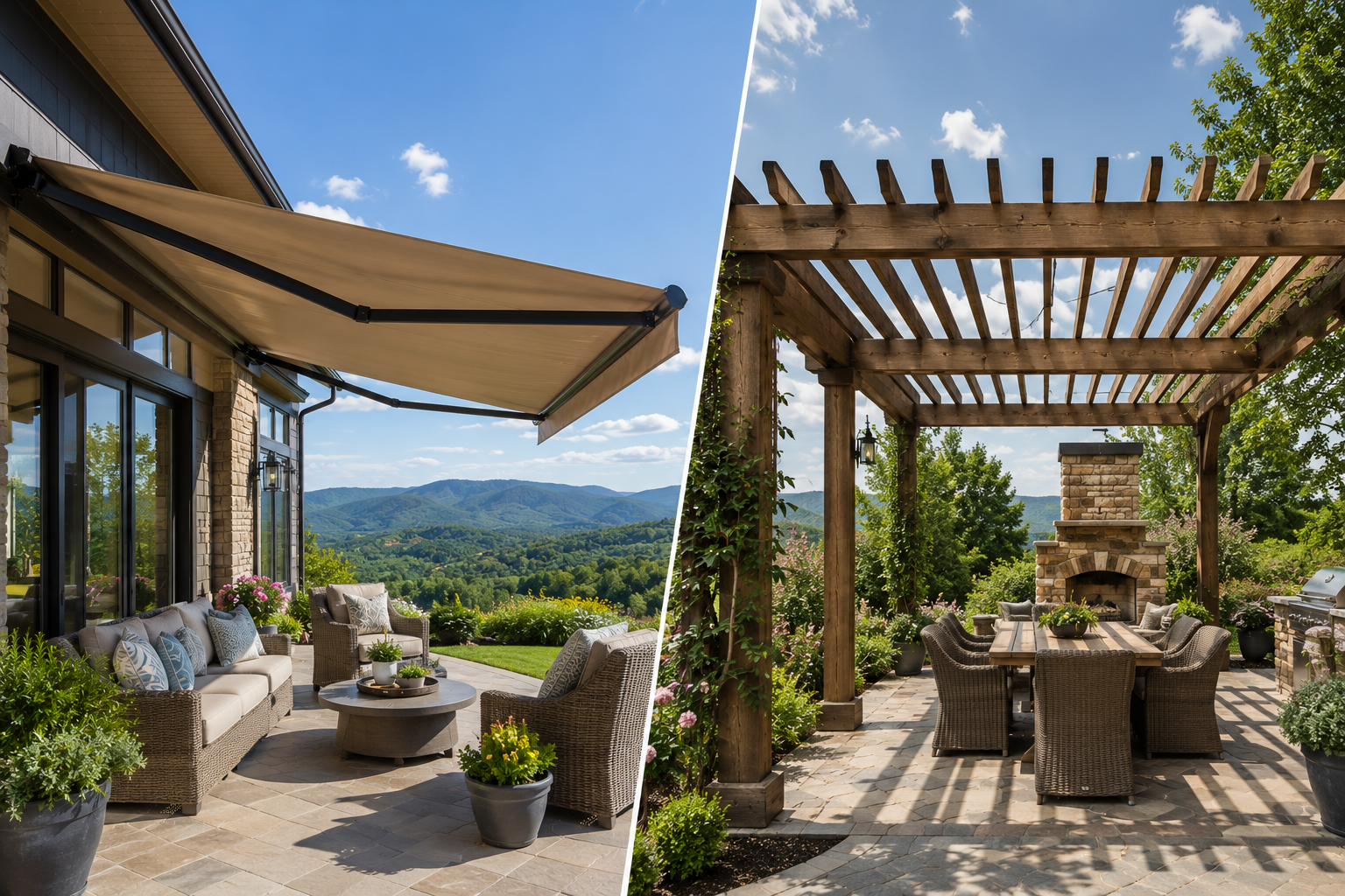 Sunny patio with lounge seating and pergola dining area overlooking green hills and mountains