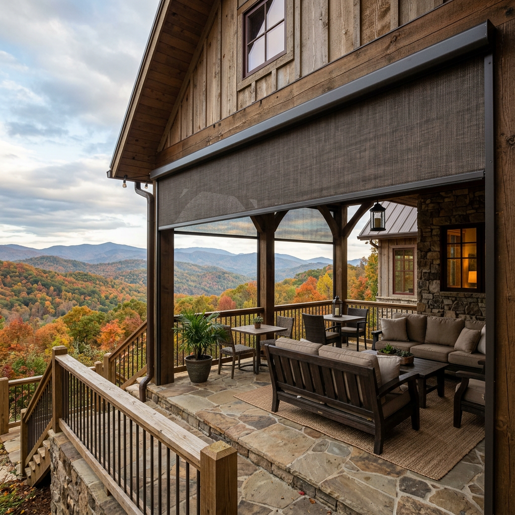 Cozy cabin porch with outdoor patio shades and wooden furniture overlooking a colorful autumn mountain landscape