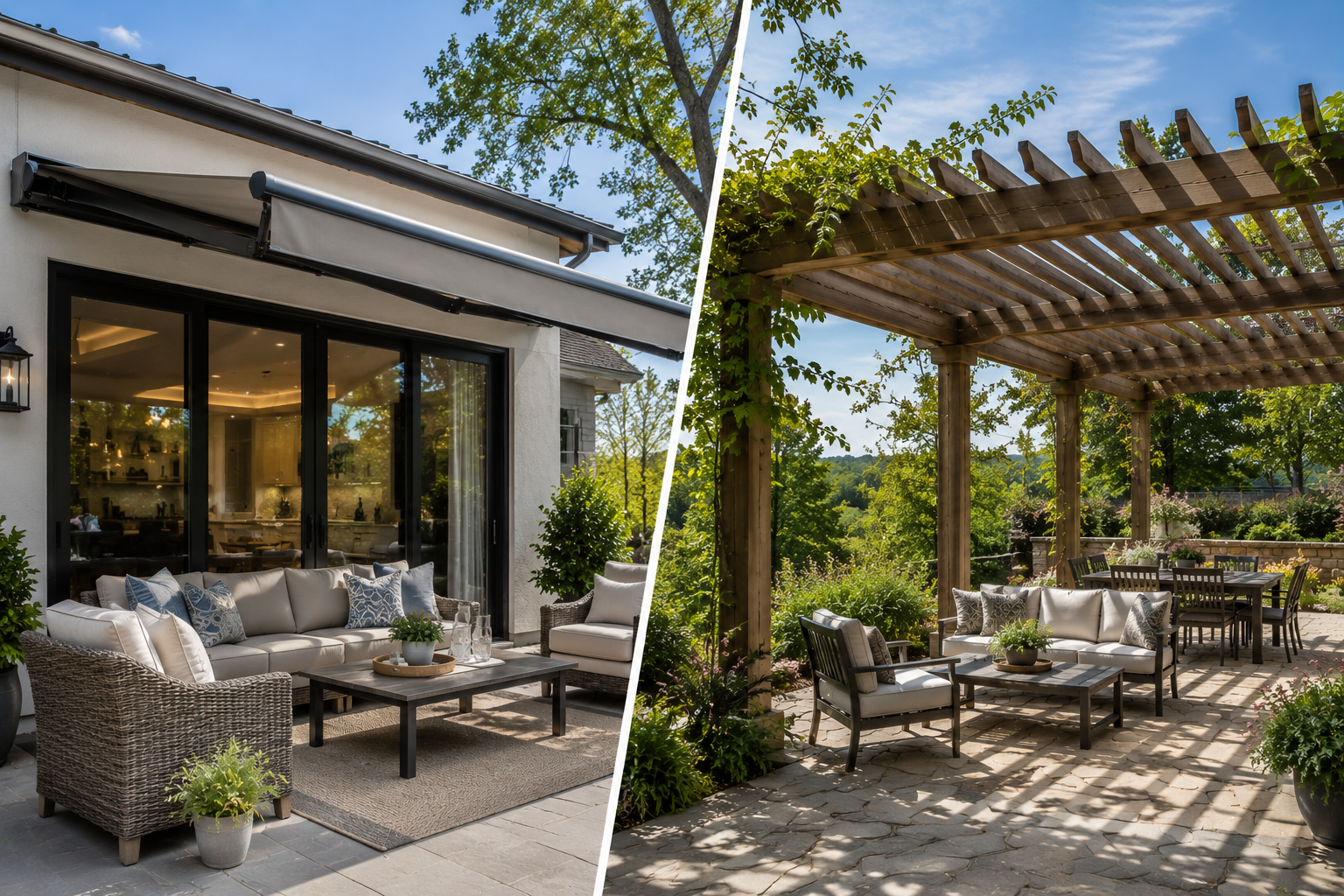 Outdoor patio with wicker seating by a house and a pergola-covered dining area in a sunny garden