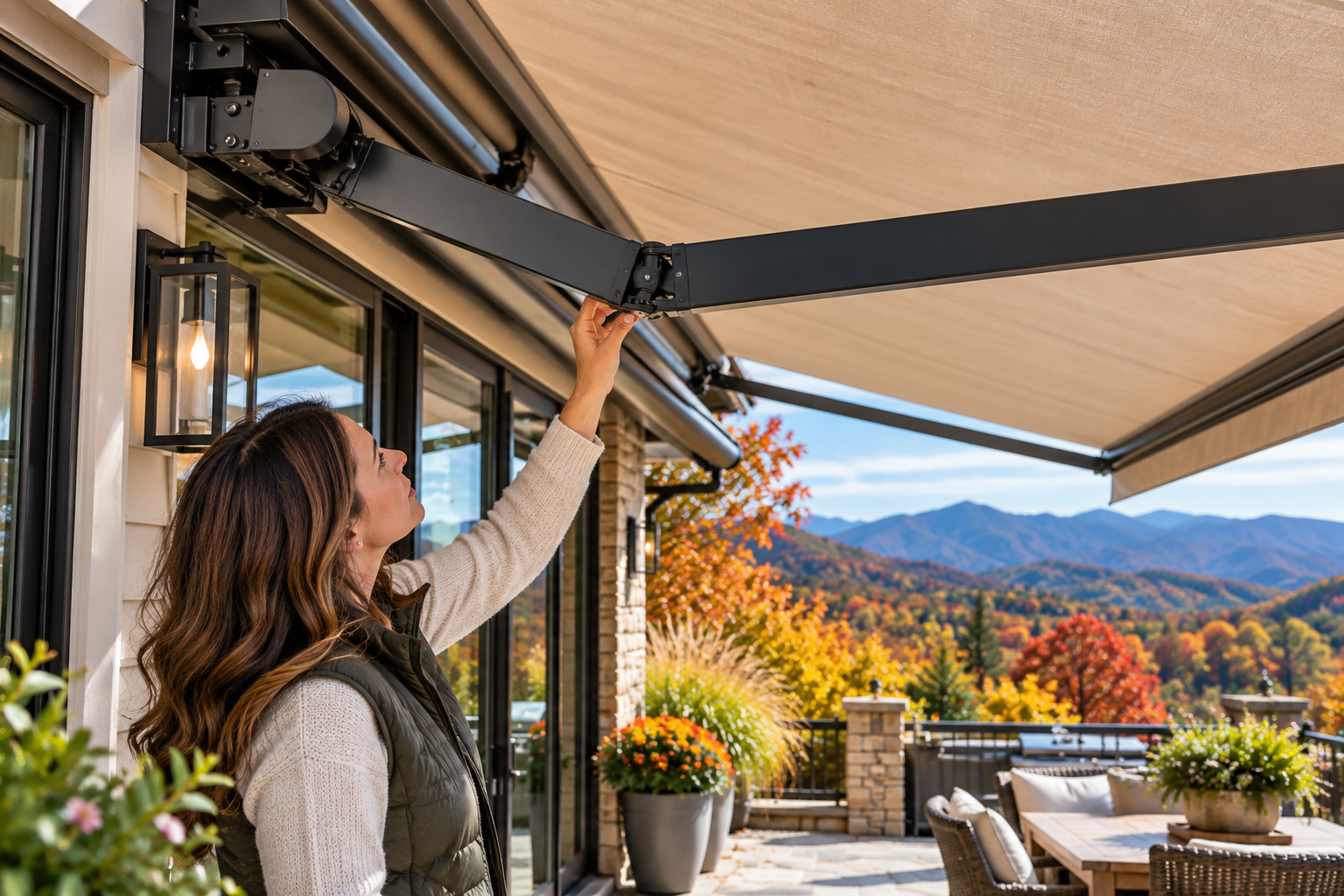 Woman opening an awning on a patio with mountain and autumn views
