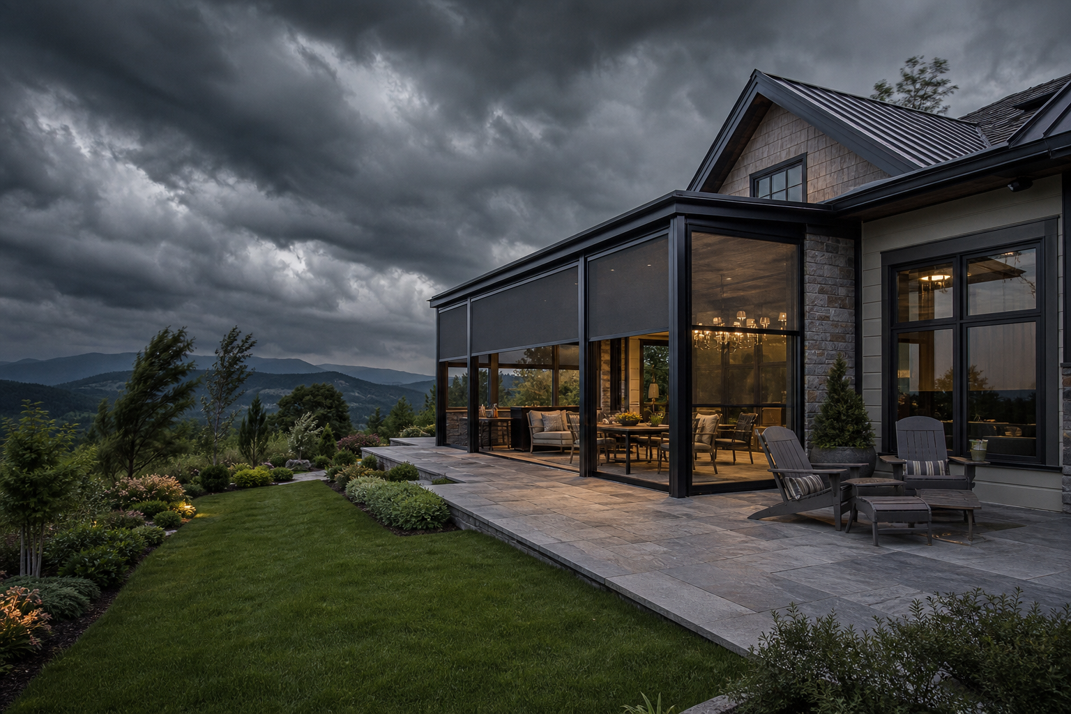 Modern stone house with lit windows and a covered patio with exterior patio shades and a stormy sky. 