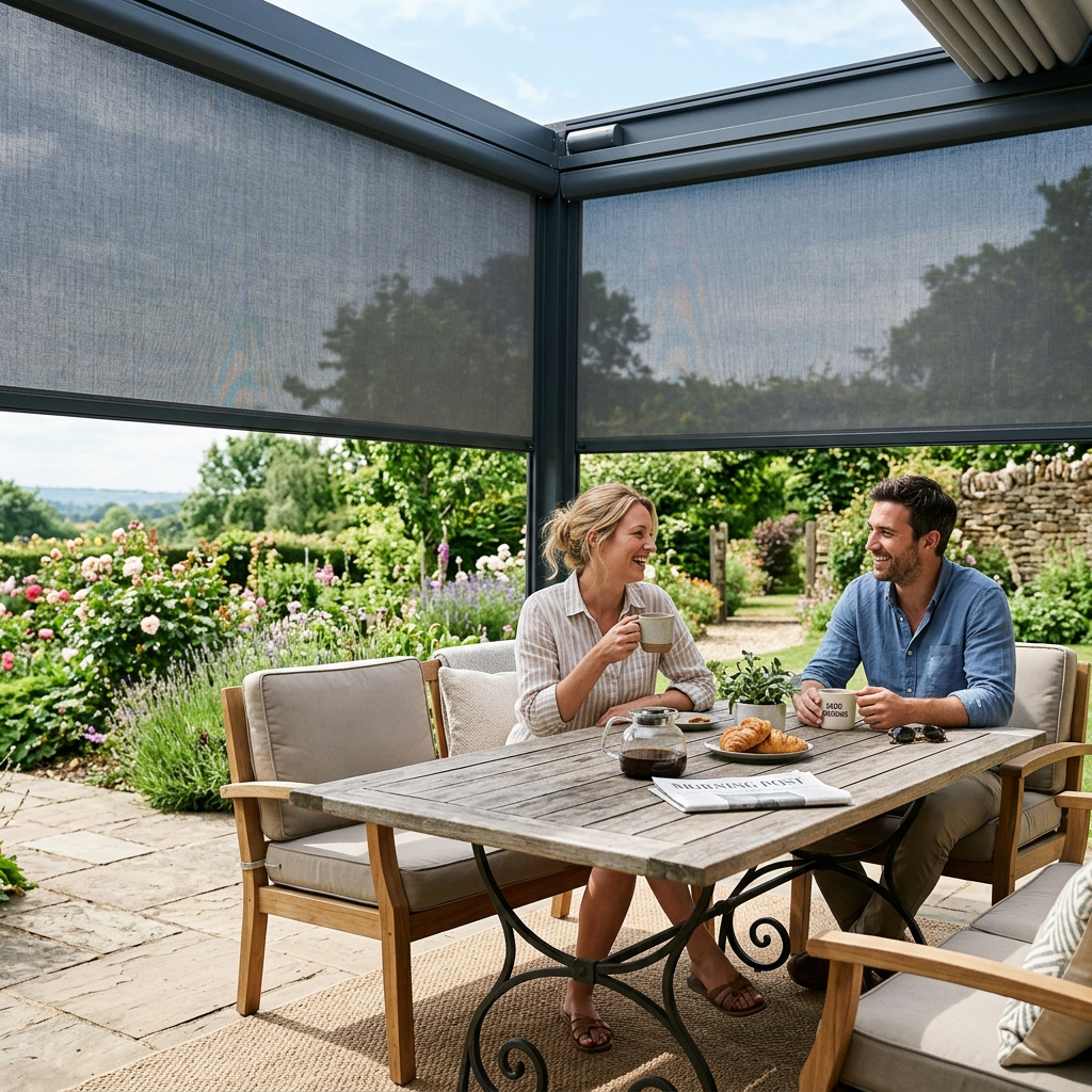 Two people dining at a patio table under a shaded pergola in a lush garden
