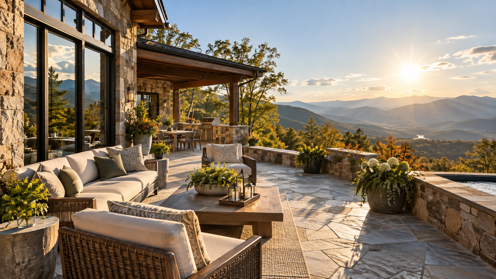 Patio seating overlooking a sunlit mountain view at sunset
