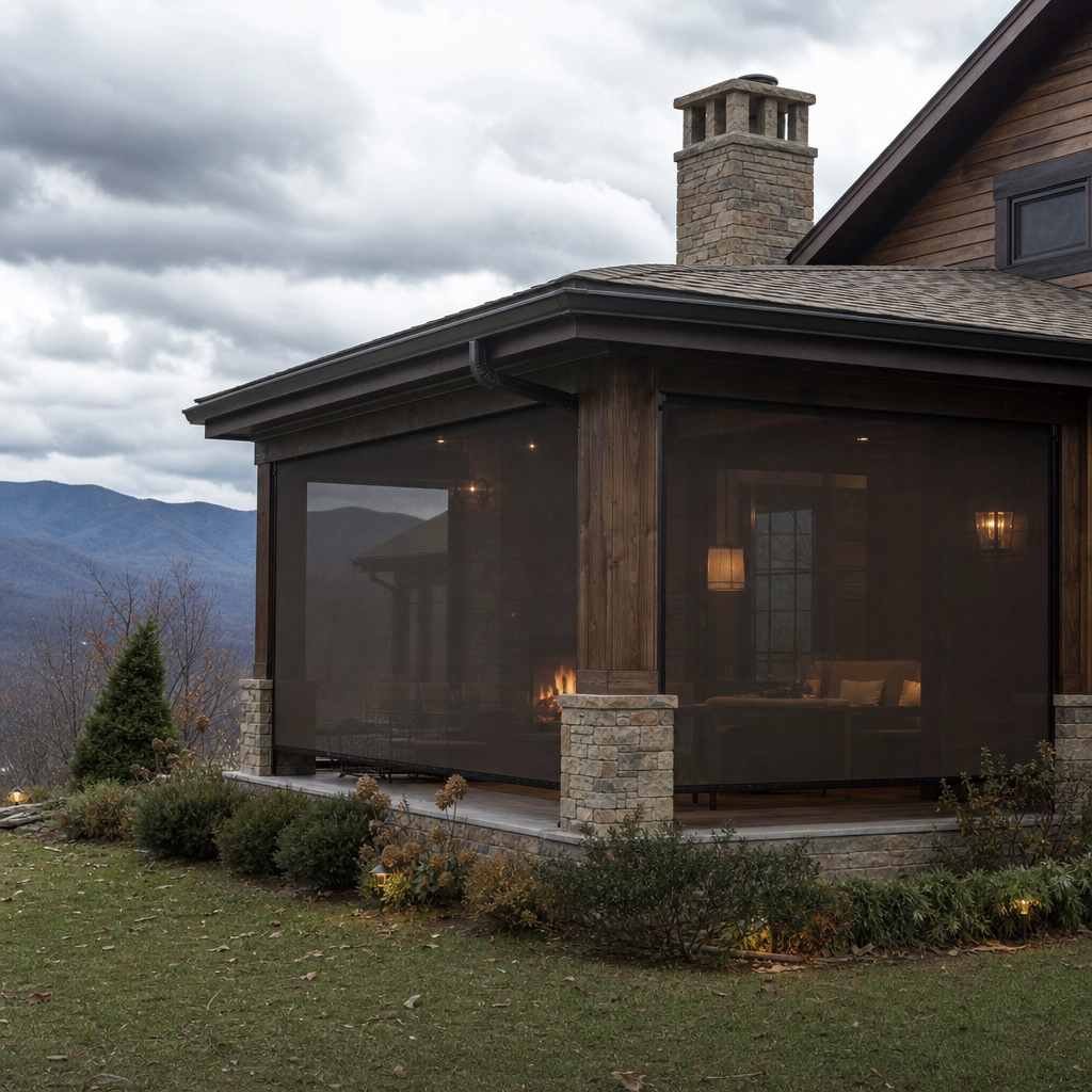 Mountain cabin with screened porch, stone chimney, and cloudy sky overlooking a grassy yard.