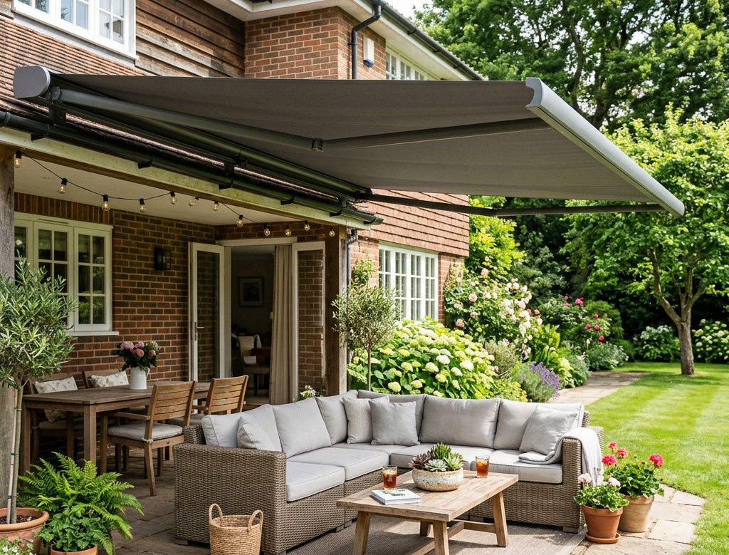 A patio stays comfortable in sunlight with a retractable awning.