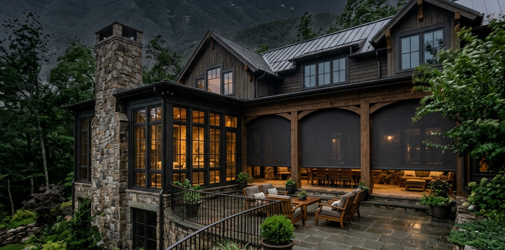 Stone mountain lodge with warm-lit patio with patio shades at dusk, surrounded by trees and rain-wet stone paths