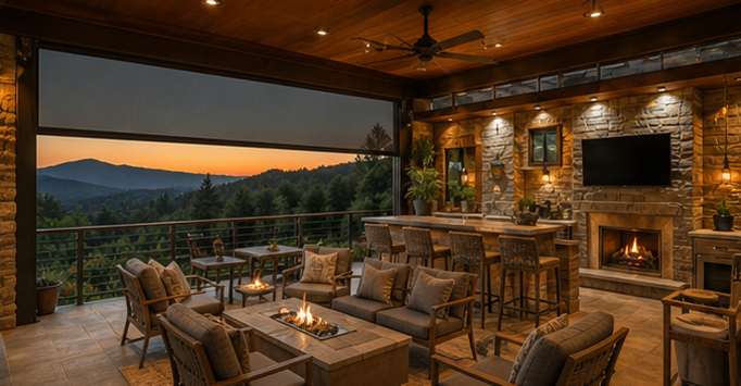 Cozy rustic patio dining area with stone fireplace, wooden tables, and exterior patio shades.
